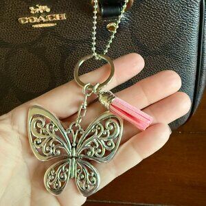 NEW Silvery Hollow Butterfly Keychain with Pink Tassel Purse Charm